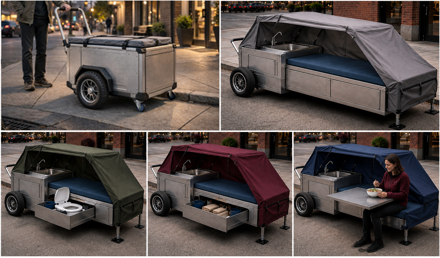 MCSU+H product photos: closed cart on a sidewalk, deployed with canopy and bed, toilet drawer open, and a person seated eating at the fold-down table